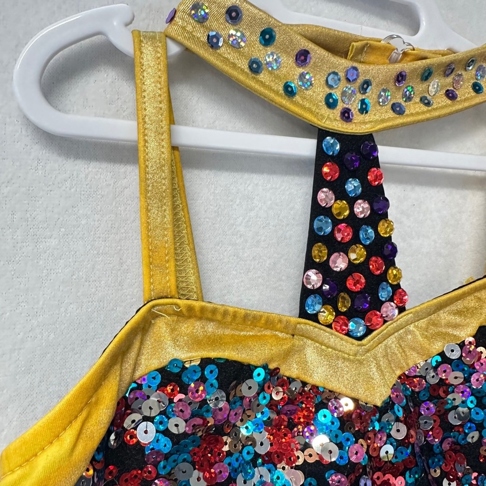 Glamour Costumes Dance Leotard Kids LC Colorful Sequin Fringe Halter T-Strap VTG - Picture 3 of 10
